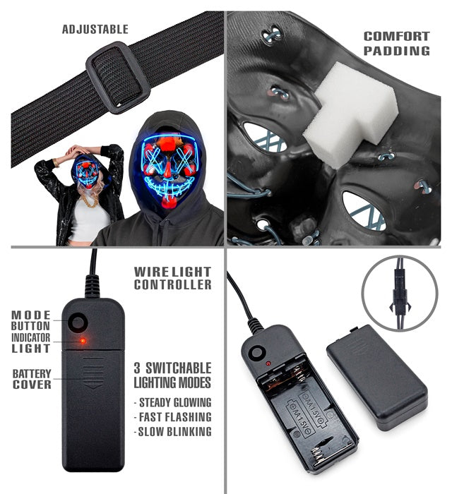 Gruselige blaue LED-Maske mit leuchtenden Augen für Halloween und Fasnacht