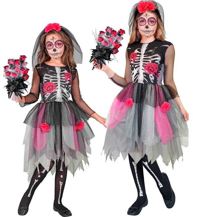 Flower Skelett Girl Kostüm mit schwarzem Kleid und buntem Blumen-Haarreif