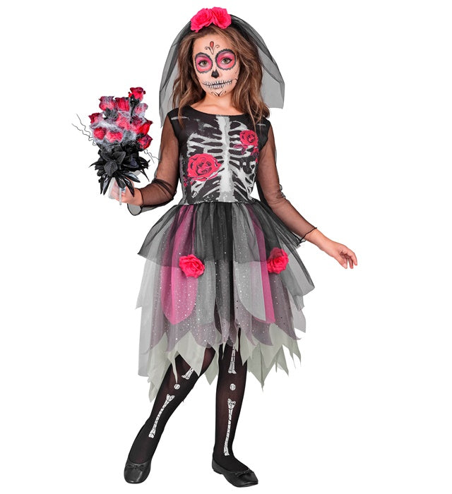 Flower Skelett Girl Kostüm mit schwarzem Kleid und buntem Blumen-Haarreif