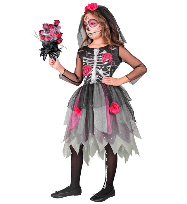Flower Skelett Girl Kostüm mit schwarzem Kleid und buntem Blumen-Haarreif