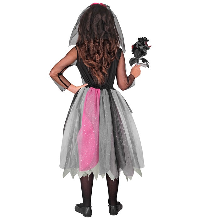 Flower Skelett Girl Kostüm mit schwarzem Kleid und buntem Blumen-Haarreif