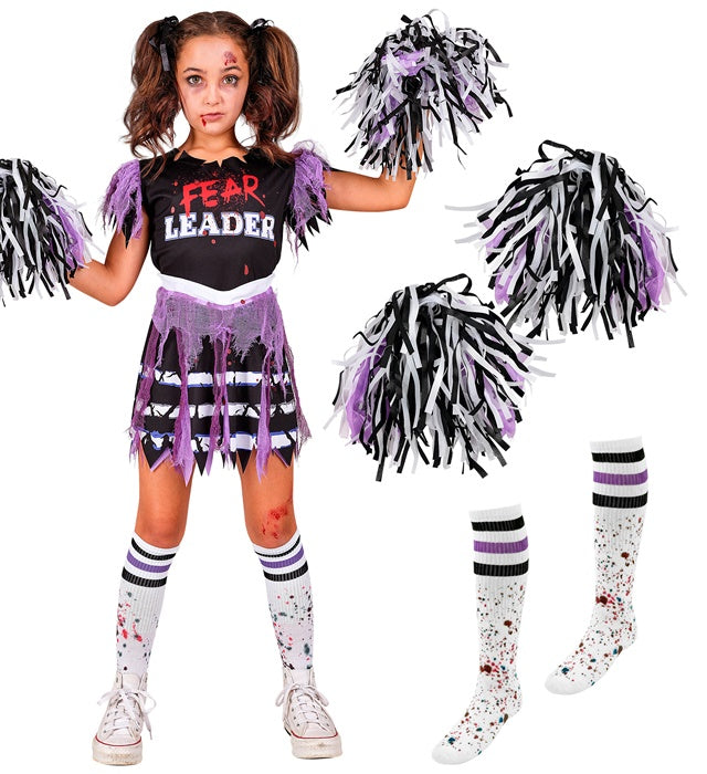 Zombie Cheerleader Kostüm mit Kleid, Strümpfen und Pompon für Fasnacht und Halloween