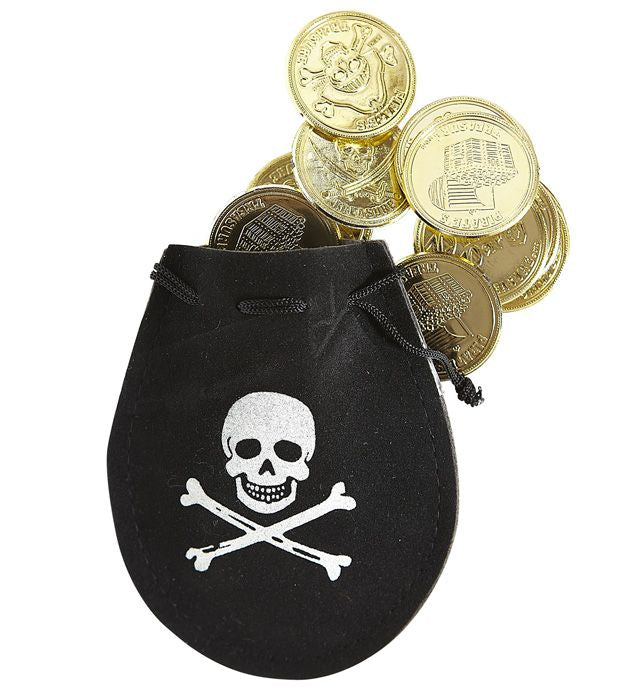 Piraten-Tasche mit 12 goldenen Dublonen als Kostümzubehör