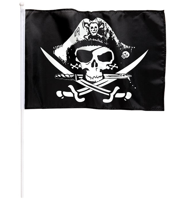 Piratenfahne mit klassischem Totenkopf und gekreuzten Knochen, 43x30 cm, mit Halter