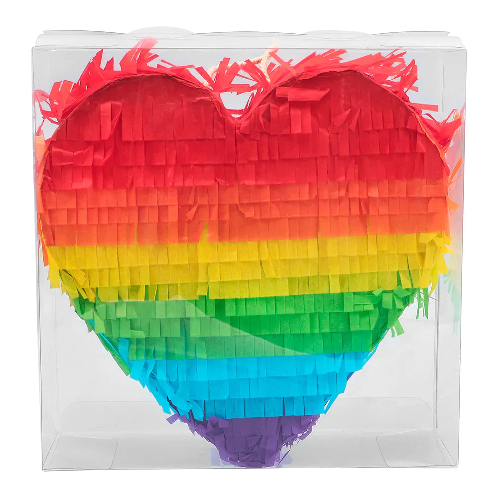 Regenbogenfarbene Herz-Piñata in transparenter Geschenkbox, 20 × 20 × 6,5 cm groß.