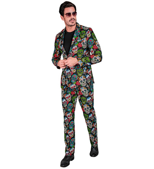 Dia de los Muertos Party Anzug bestehend aus Jackett und Hose mit typischem Totenkopf-Design
