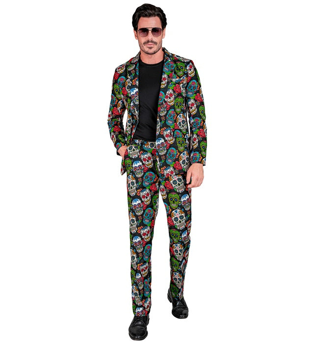 Dia de los Muertos Party Anzug bestehend aus Jackett und Hose mit typischem Totenkopf-Design