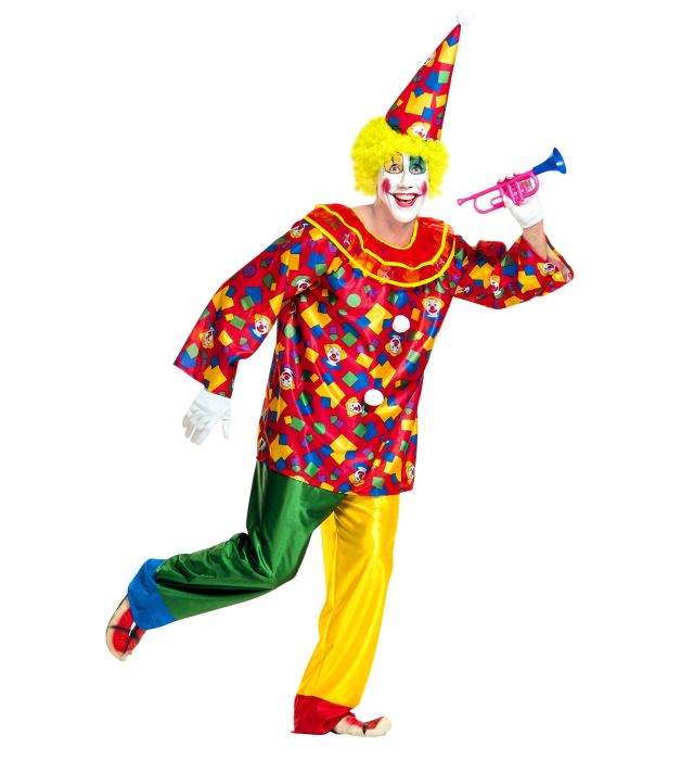 Buntes Clown-Kostüm mit Kragen, Hose und Hut für Fasnacht