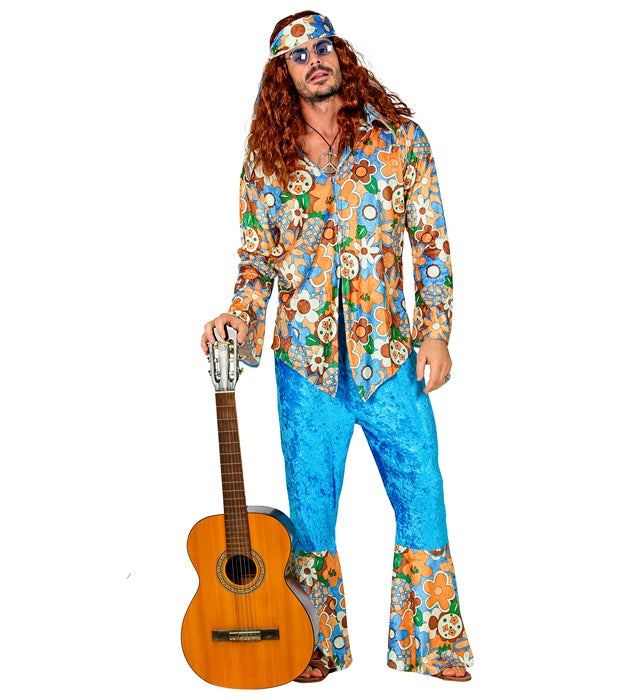 Hippie Man Kostüm aus Samt mit Hemd, Hose und Stirnband in Retro-Style