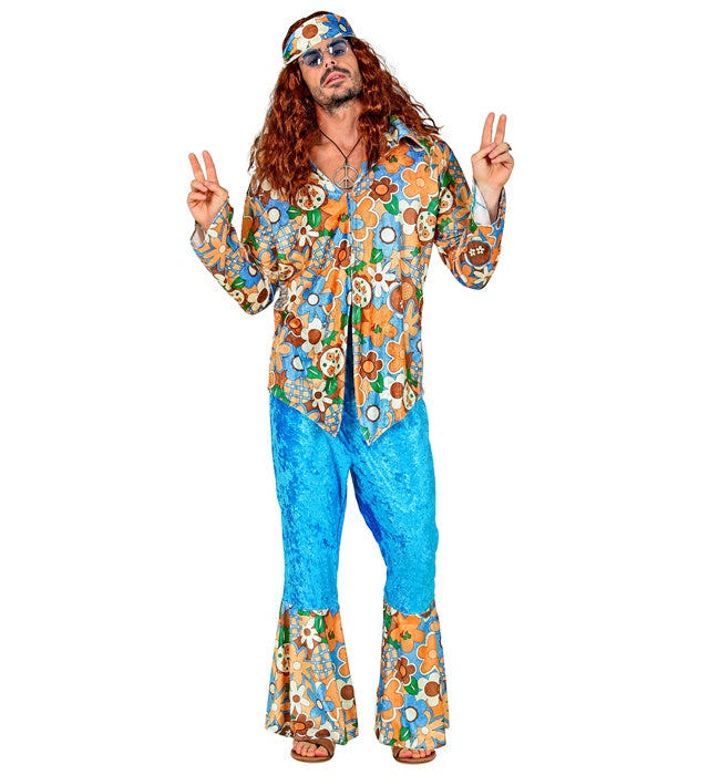 Hippie Man Kostüm aus Samt mit Hemd, Hose und Stirnband in Retro-Style