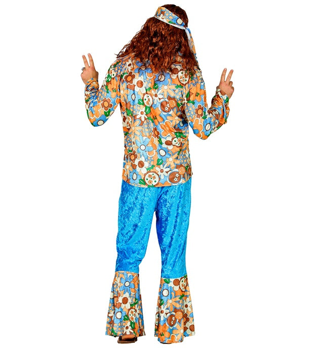 Hippie Man Kostüm aus Samt mit Hemd, Hose und Stirnband in Retro-Style
