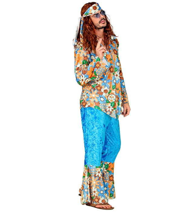 Hippie Man Kostüm aus Samt mit Hemd, Hose und Stirnband in Retro-Style