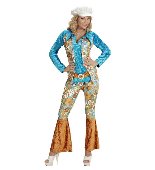 Hippie Woman Fasnachtskostüm aus Samt mit Bluse, Weste, Gürtel, Hose und Hut im 70er Jahre Stil