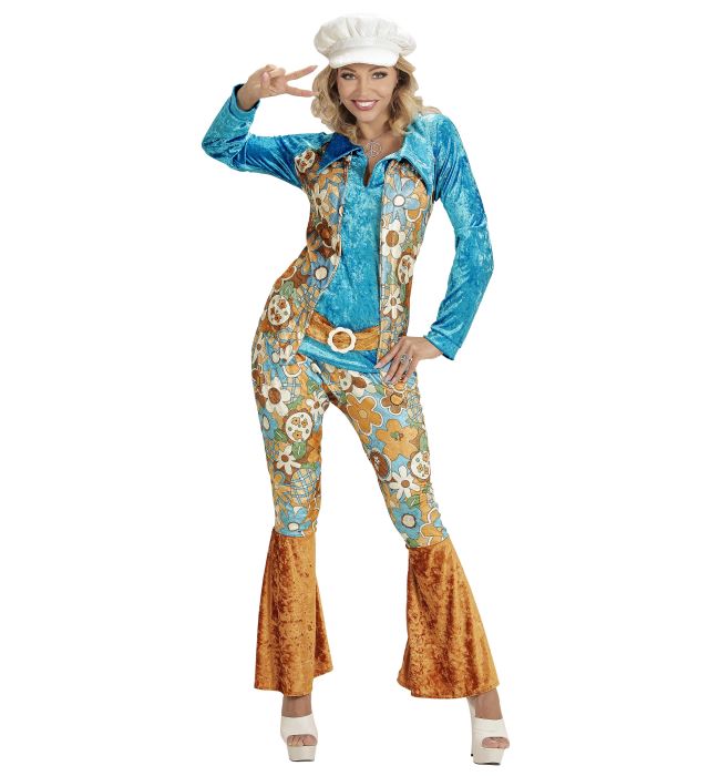Hippie Woman Fasnachtskostüm aus Samt mit Bluse, Weste, Gürtel, Hose und Hut im 70er Jahre Stil
