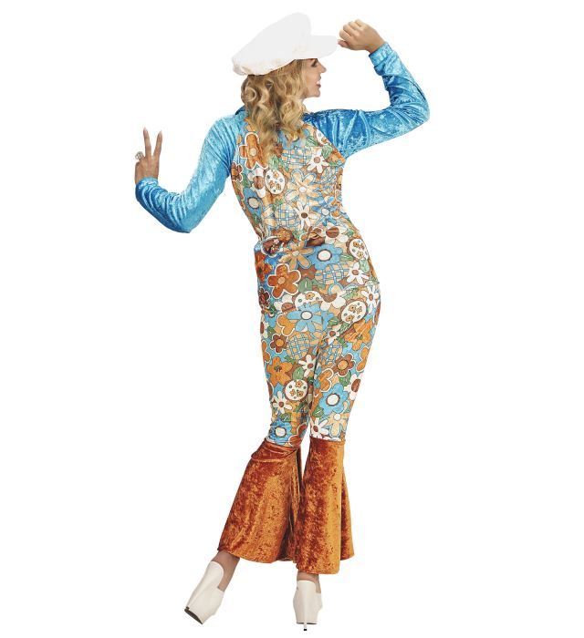 Hippie Woman Fasnachtskostüm aus Samt mit Bluse, Weste, Gürtel, Hose und Hut im 70er Jahre Stil