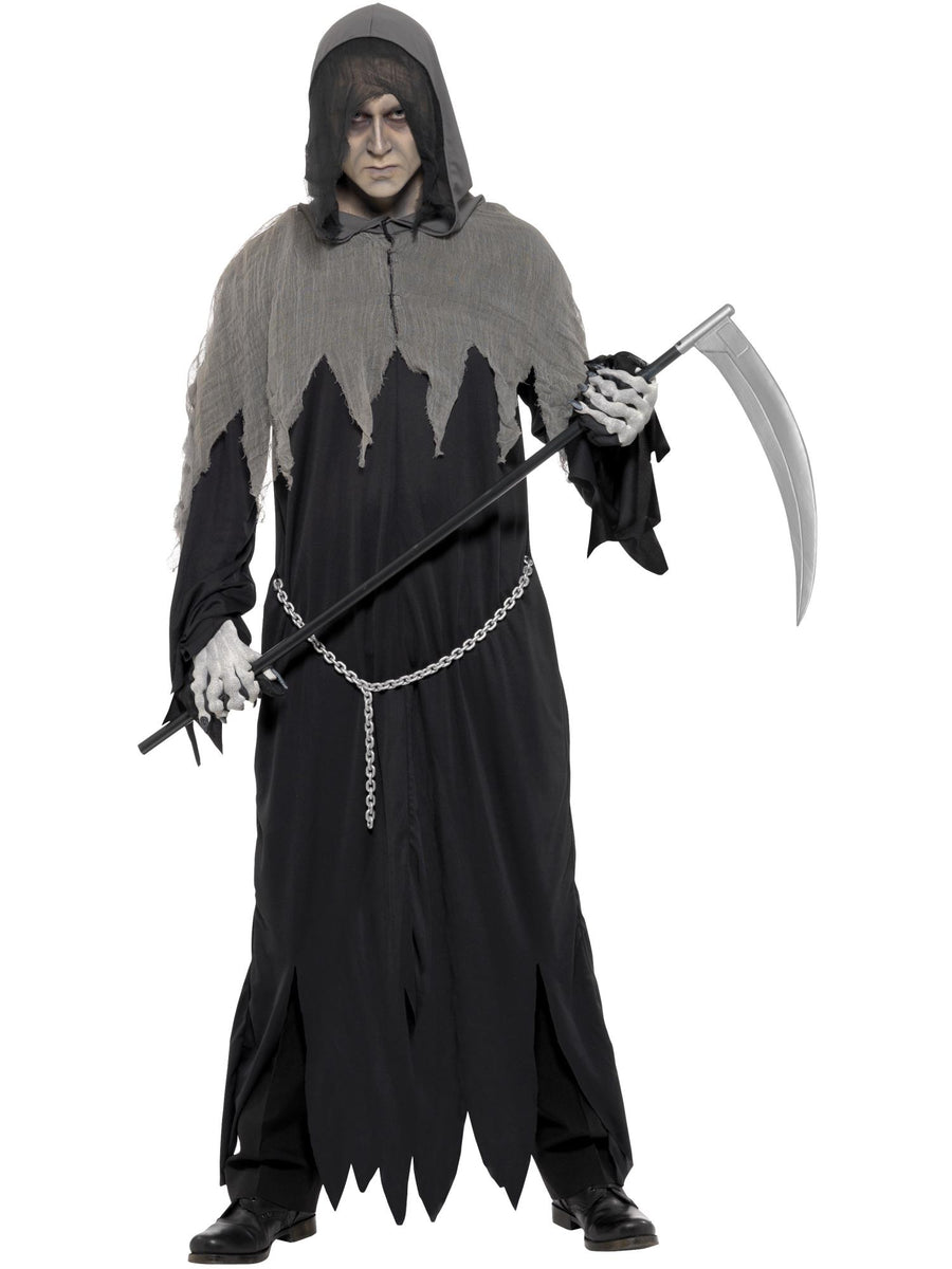 Smiffys schwarze Grim-Reaper-Robe mit Kapuze und Kette für Erwachsene – Produktansicht