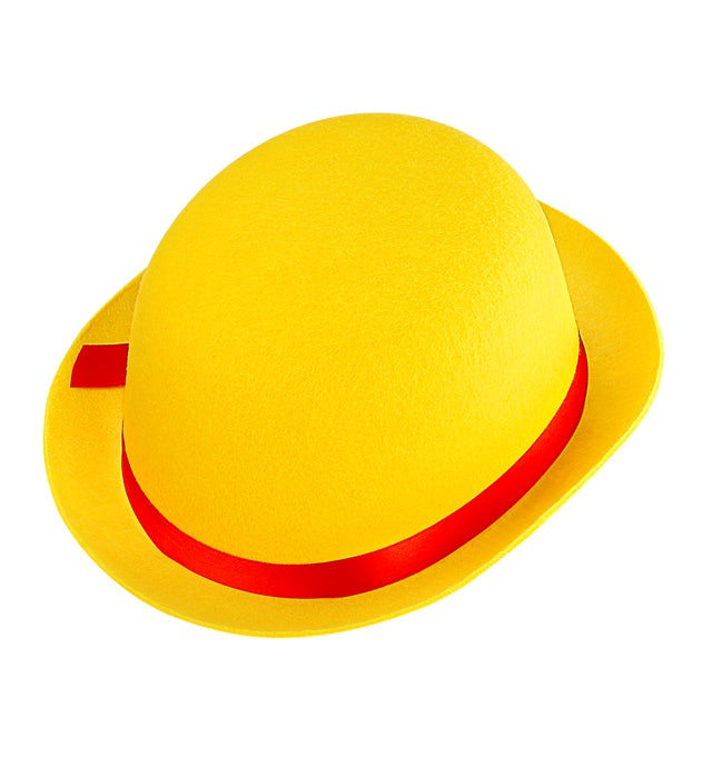 Gelbe Melone aus Filz auf weißem Hintergrund – klassischer Clownshut für Fasnacht