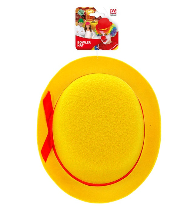 Gelbe Melone aus Filz auf weißem Hintergrund – klassischer Clownshut für Fasnacht