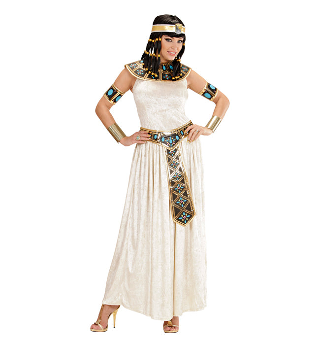 Ägyptisches Königin Kostüm mit Kleid, Halsband, Gürtel und Armbändern auf weissem Hintergrund
