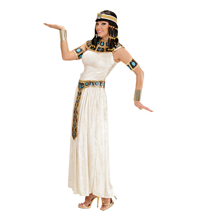 Ägyptisches Königin Kostüm mit Kleid, Halsband, Gürtel und Armbändern auf weissem Hintergrund