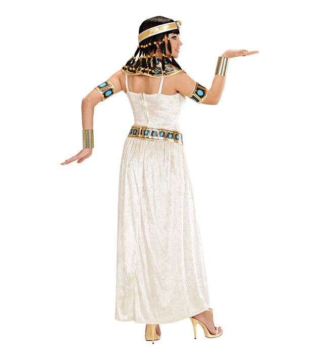 Ägyptisches Königin Kostüm mit Kleid, Halsband, Gürtel und Armbändern auf weissem Hintergrund