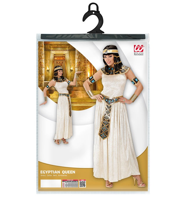 Ägyptisches Königin Kostüm mit Kleid, Halsband, Gürtel und Armbändern auf weissem Hintergrund
