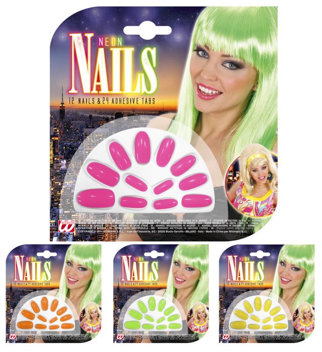 Set mit 12 Neon Fingernägeln in vier leuchtenden Farben und 24 Klebelaschen