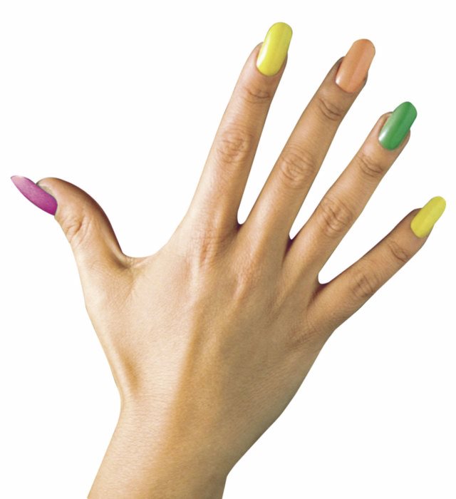 Set mit 12 Neon Fingernägeln in vier leuchtenden Farben und 24 Klebelaschen