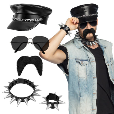 Boland Rocker Kostüm Set mit Lederhut Partybrille Halskette Armband und Schnurrbart