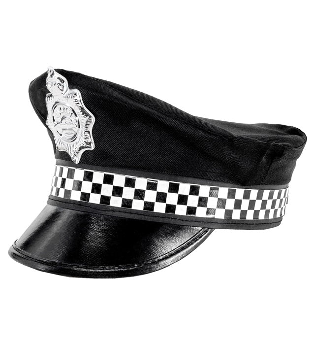 Englischer Polizistenhut schwarz mit Abzeichen, Fasnacht Kostümzubehör
