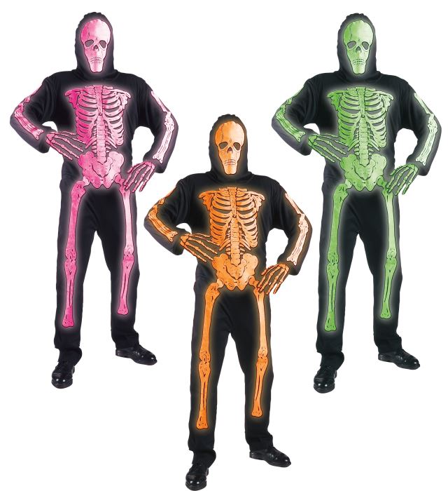 Neon Skelett Kostüm in drei leuchtenden Farben mit passender Maske