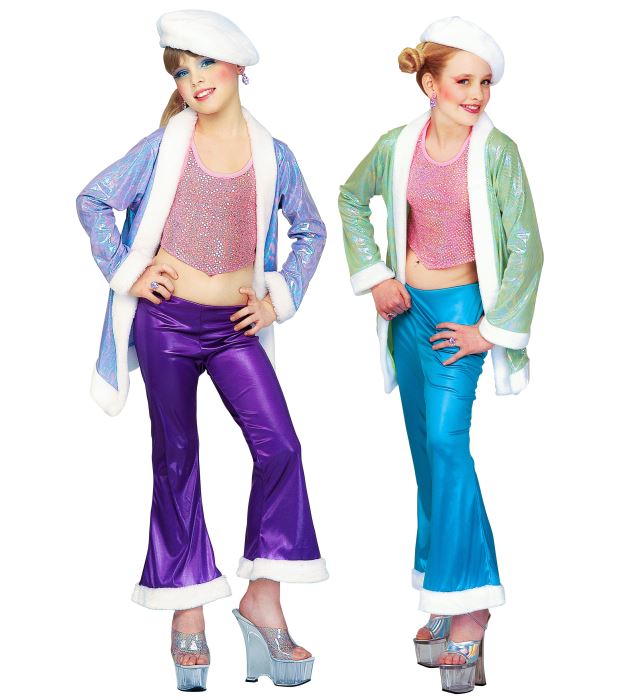 Funky Teen Kostüm mit glitzerndem Paillettentop, Plüschjacke und Hut in zwei Farben