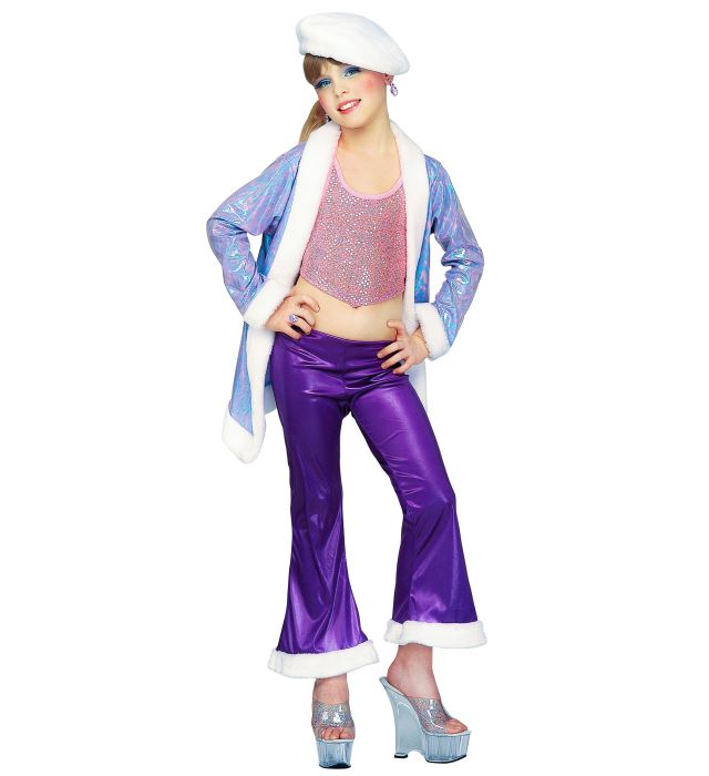 Funky Teen Kostüm mit glitzerndem Paillettentop, Plüschjacke und Hut in zwei Farben