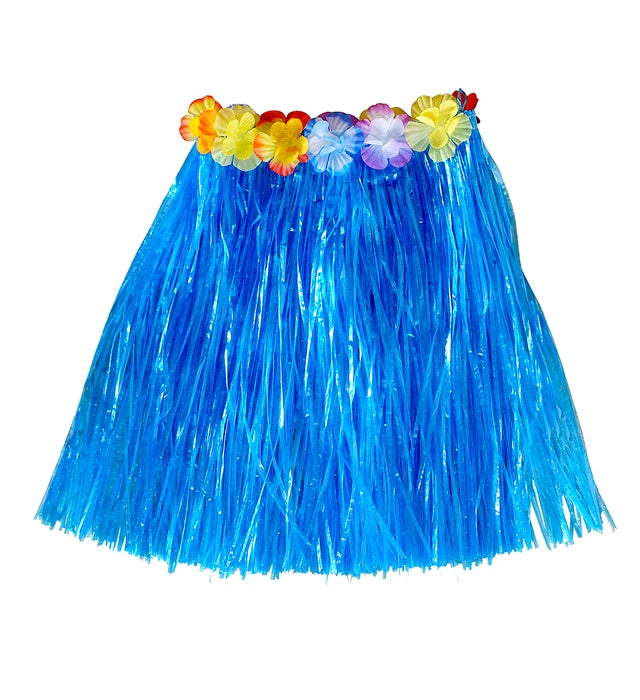 Blauer Hawaii Bastrock mit farbigem Blumengürtel, 45 cm Länge