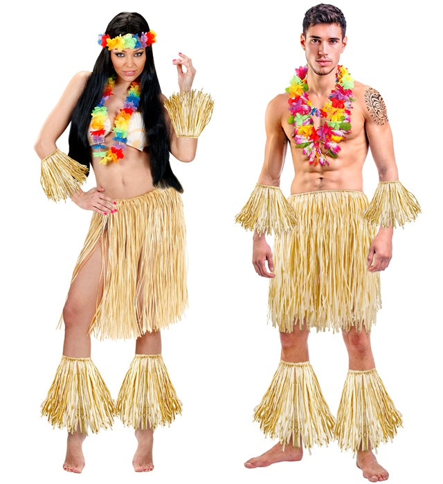 Raphia-Rock mit passendem Arm- und Beinschmuck im Hula- und Maori-Stil