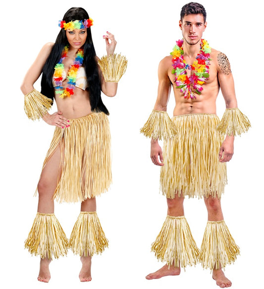 Raphia-Rock mit passendem Arm- und Beinschmuck im Hula- und Maori-Stil