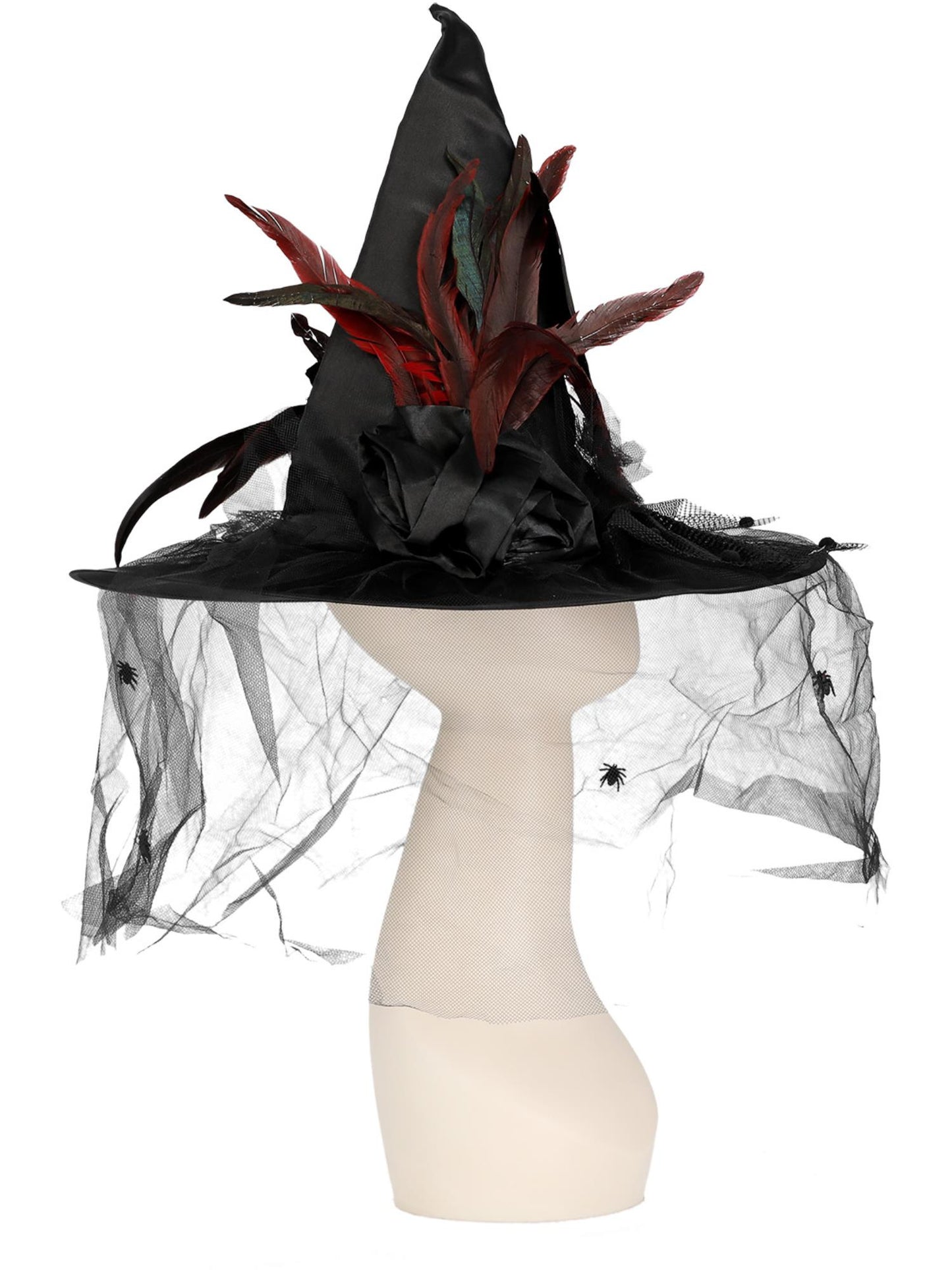 Smiffys Witch Hat, Feathers & Netting, Black für Damen