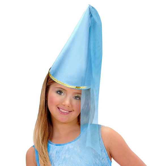 Feenhut aus hellblauem Satin mit transparentem Schleier als Fasnacht Accessoire