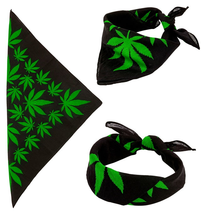 Bandana mit Marihuana-Motiv in grün auf schwarzem Stoff, 55x55 cm