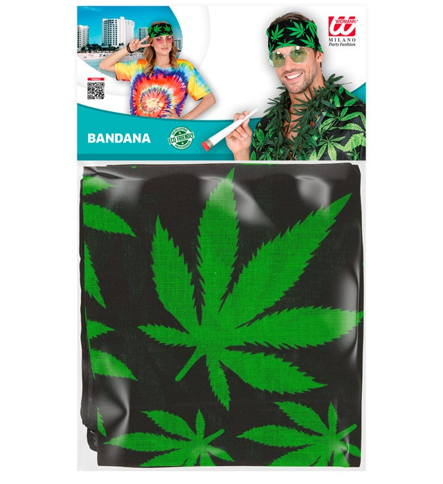 Bandana mit Marihuana-Motiv in grün auf schwarzem Stoff, 55x55 cm