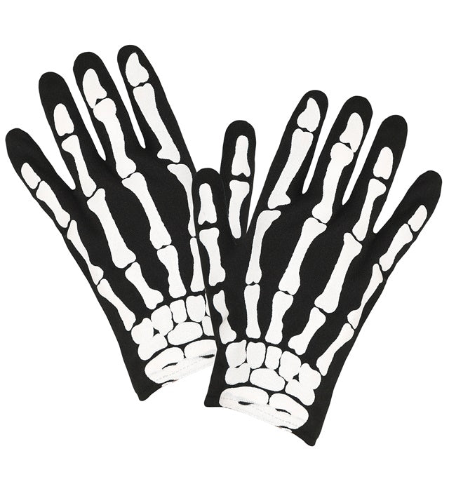 Kinder Skelett-Handschuhe mit weissem Knochenmotiv auf schwarzem Grund