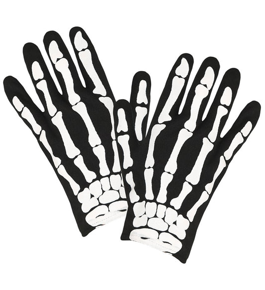 Kinder Skelett-Handschuhe mit weissem Knochenmotiv auf schwarzem Grund