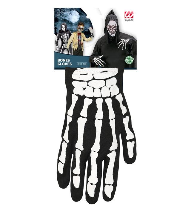 Kinder Skelett-Handschuhe mit weissem Knochenmotiv auf schwarzem Grund