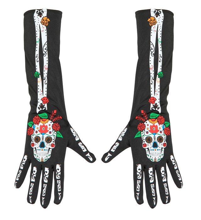 DIA DE LOS MUERTOS Handschuhe 40 cm mit farbenfrohem Totenkopf-Motiv
