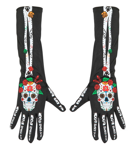 DIA DE LOS MUERTOS Handschuhe 40 cm mit farbenfrohem Totenkopf-Motiv