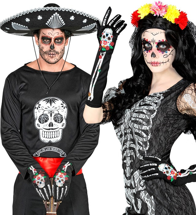 DIA DE LOS MUERTOS Handschuhe 40 cm mit farbenfrohem Totenkopf-Motiv