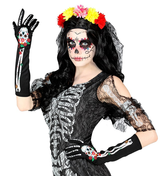 DIA DE LOS MUERTOS Handschuhe 40 cm mit farbenfrohem Totenkopf-Motiv