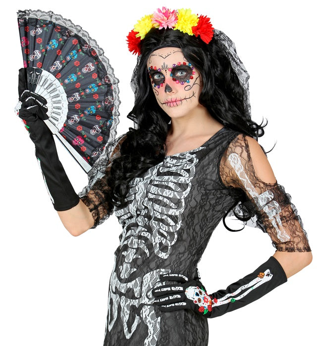 DIA DE LOS MUERTOS Handschuhe 40 cm mit farbenfrohem Totenkopf-Motiv