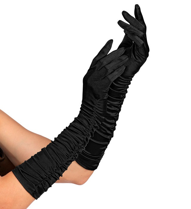 Schwarze satinierte Handschuhe mit elastischem Material, 44 cm lang