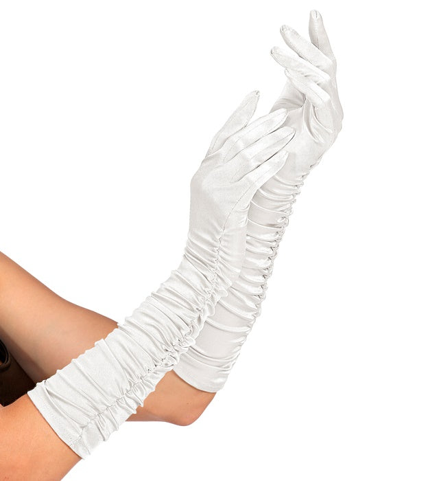 Weiße satinierte Handschuhe mit Elastan, 44 cm lang, elegantes Design